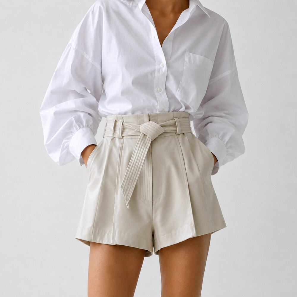 Vince Stitched-belt Lamb Leather Shorts Womens 10 Light Dove/Ecru High-rise